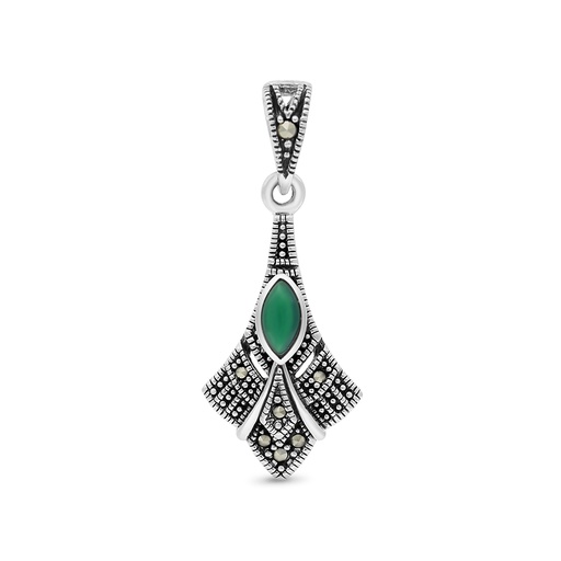 [PND04MAR00GAGA530] Sterling Silver 925 Pendant Embedded With Natural Green Agate And Marcasite Stones
