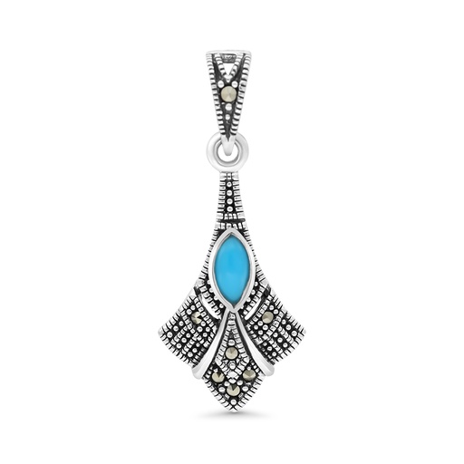 [PND04MAR00TRQA530] Sterling Silver 925 Pendant Embedded With Natural Processed Turquoise And Marcasite Stones
