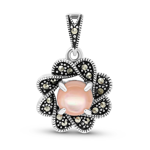 [PND04MAR00PNKA533] Sterling Silver 925 Pendant Embedded With Natural Pink Shell And Marcasite Stones