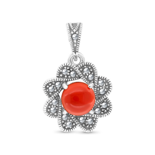 [PND04MAR00RAGA533] Sterling Silver 925 Pendant Embedded With Natural Aqiq And Marcasite Stones