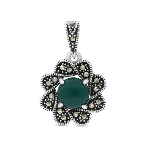 [PND04MAR00GAGA533] Sterling Silver 925 Pendant Embedded With Natural Green Agate And Marcasite Stones
