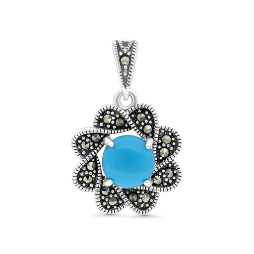 [PND04MAR00TRQA533] Sterling Silver 925 Pendant Embedded With Natural Processed Turquoise And Marcasite Stones