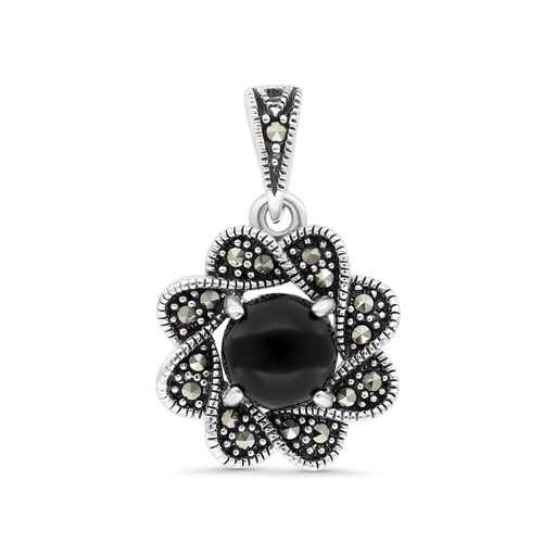 [PND04MAR00ONXA533] Sterling Silver 925 Pendant Embedded With Natural Black Agate And Marcasite Stones