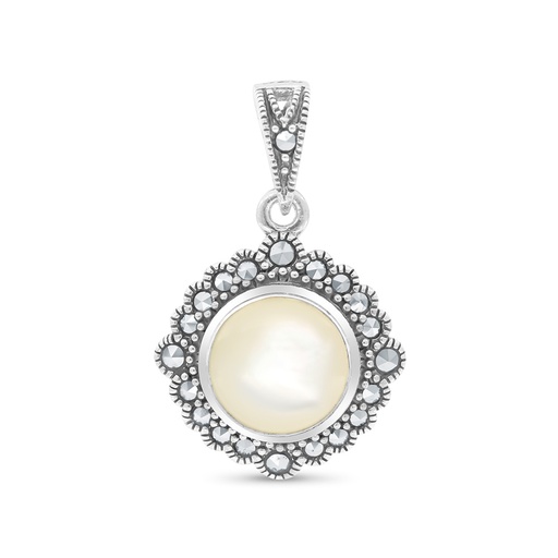 [PND04MAR00MOPA534] Sterling Silver 925 Pendant Embedded With Natural White Shell And Marcasite Stones