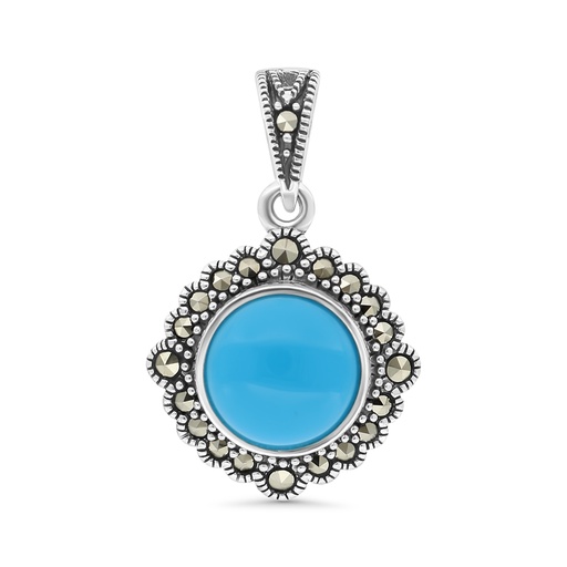 [PND04MAR00TRQA534] Sterling Silver 925 Pendant Embedded With Natural Processed Turquoise And Marcasite Stones