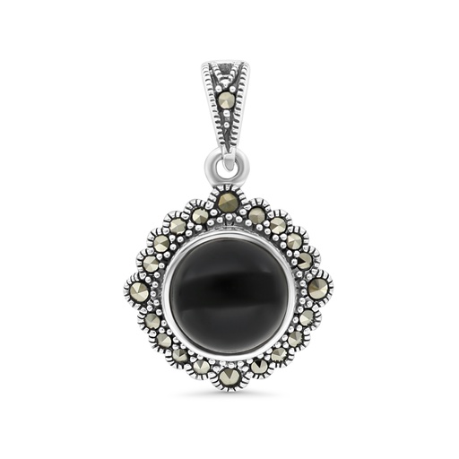 [PND04MAR00ONXA534] Sterling Silver 925 Pendant Embedded With Natural Black Agate And Marcasite Stones