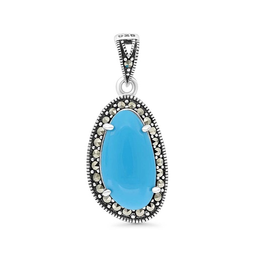[PND04MAR00TRQA539] Sterling Silver 925 Pendant Embedded With Natural Processed Turquoise And Marcasite Stones