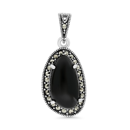 [PND04MAR00ONXA539] Sterling Silver 925 Pendant Embedded With Natural Onxy And Marcasite Stones