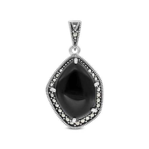 [PND04MAR00ONXA540] Sterling Silver 925 Pendant Embedded With Natural Onxy And Marcasite Stones