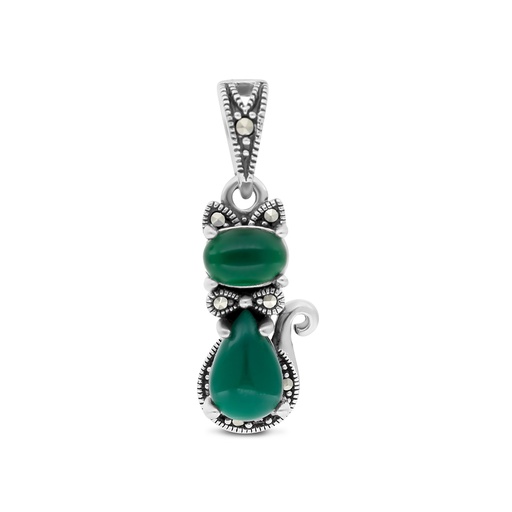[PND04MAR00GAGA541] Sterling Silver 925 Pendant Embedded With Natural Green Agate And Marcasite Stones