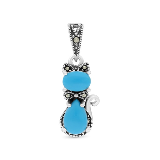 [PND04MAR00TRQA541] Sterling Silver 925 Pendant Embedded With Natural Processed Turquoise And Marcasite Stones