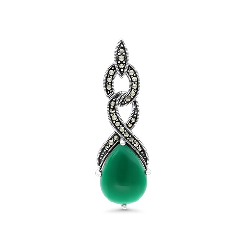 [PND04MAR00GAGA542] Sterling Silver 925 Pendant Embedded With Natural Green Agate And Marcasite Stones