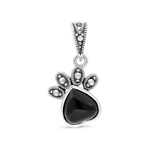 [PND04MAR00ONXA543] Sterling Silver 925 Pendant Embedded With Natural Onxy And Marcasite Stones
