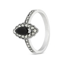 Sterling Silver 925 Ring Embedded With Natural Black Agate And Marcasite Stones