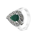 Sterling Silver 925 Ring Embedded With Natural Green Agate And Marcasite Stones