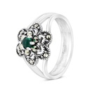 Sterling Silver 925 Ring Embedded With Natural Green Agate And Marcasite Stones