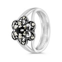 Sterling Silver 925 Ring Embedded With Natural Black Agate And Marcasite Stones