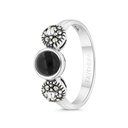 Sterling Silver 925 Ring Embedded With Natural Black Agate And Marcasite Stones