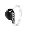 Sterling Silver 925 Ring Embedded With Natural Black Agate And Marcasite Stones