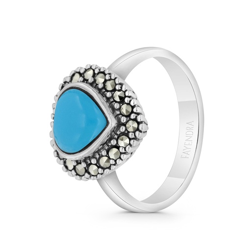 Sterling Silver 925 Ring Embedded With Natural Processed Turquoise And Marcasite Stones