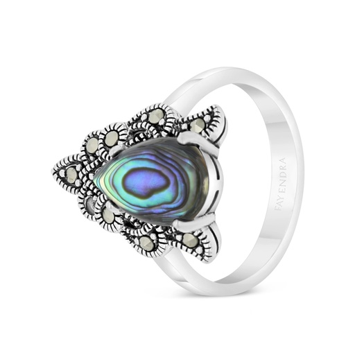 Sterling Silver 925 Ring Embedded With Natural Blue Shell And Marcasite Stones