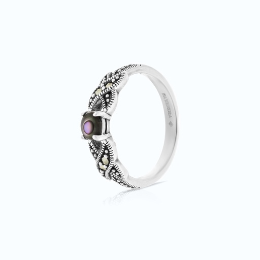 Sterling Silver 925 Ring Embedded With Natural Blue Shell And Marcasite Stones