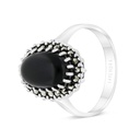 Sterling Silver 925 Ring Embedded With Natural Black Agate And Marcasite Stones