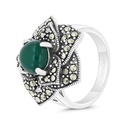 Sterling Silver 925 Ring Embedded With Natural Green Agate And Marcasite Stones