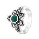 Sterling Silver 925 Ring Embedded With Natural Green Agate And Marcasite Stones