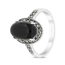 Sterling Silver 925 Ring Embedded With Natural Black Agate And Marcasite Stones