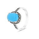 Sterling Silver 925 Ring Embedded With Natural Processed Turquoise And Marcasite Stones