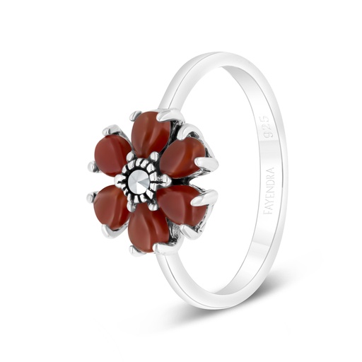 Sterling Silver 925 Ring Embedded With Natural Aqiq And Marcasite Stones