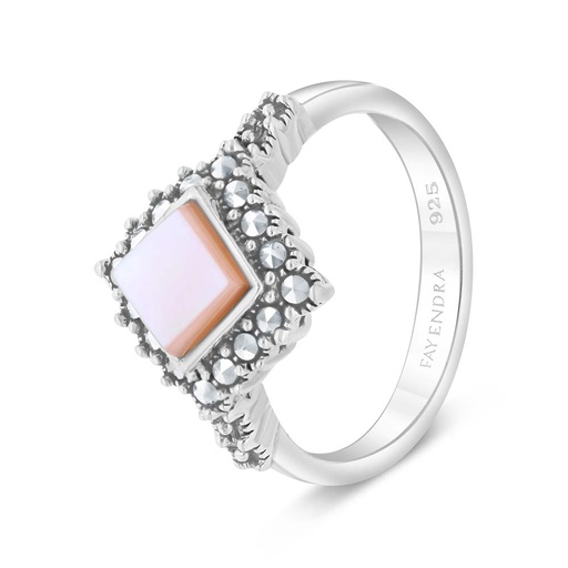 Sterling Silver 925 Ring Embedded With Natural Pink Shell And Marcasite Stones