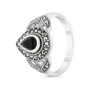 Sterling Silver 925 Ring Embedded With Natural Black Agate And Marcasite Stones