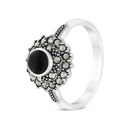 Sterling Silver 925 Ring Embedded With Natural Black Agate And Marcasite Stones