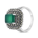 Sterling Silver 925 Ring Embedded With Natural Green Agate And Marcasite Stones