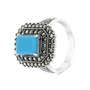 Sterling Silver 925 Ring Embedded With Natural Processed Turquoise And Marcasite Stones