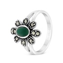 Sterling Silver 925 Ring Embedded With Natural Green Agate And Marcasite Stones