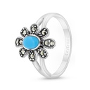 Sterling Silver 925 Ring Embedded With Natural Processed Turquoise And Marcasite Stones