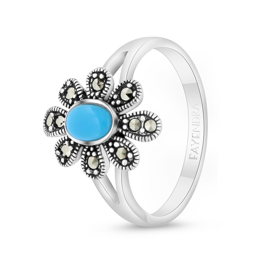 Sterling Silver 925 Ring Embedded With Natural Processed Turquoise And Marcasite Stones