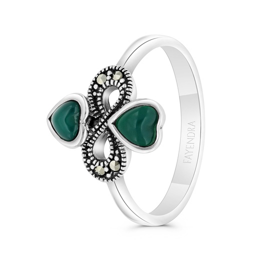 Sterling Silver 925 Ring Embedded With Natural Green Agate And Marcasite Stones