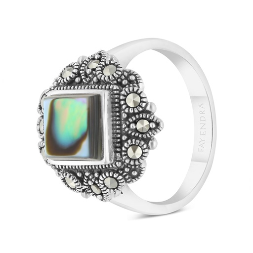 Sterling Silver 925 Ring Embedded With Natural Blue Shell And Marcasite Stones
