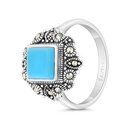 Sterling Silver 925 Ring Embedded With Natural Processed Turquoise And Marcasite Stones