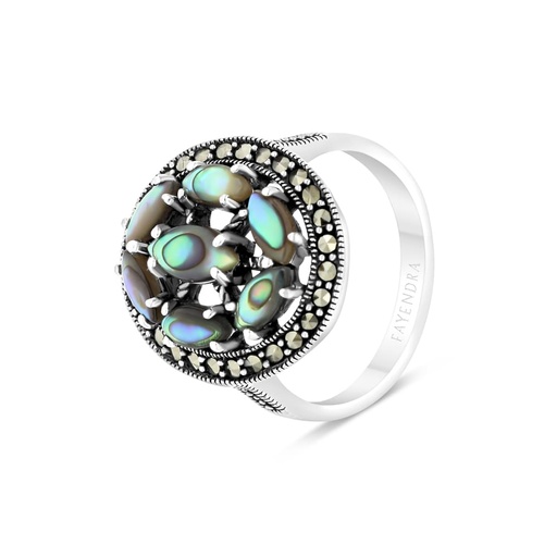 Sterling Silver 925 Ring Embedded With Natural Blue Shell And Marcasite Stones