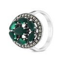 Sterling Silver 925 Ring Embedded With Natural Green Agate And Marcasite Stones