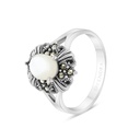 Sterling Silver 925 Ring Embedded With Natural White Shell And Marcasite Stones