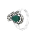 Sterling Silver 925 Ring Embedded With Natural Green Agate And Marcasite Stones