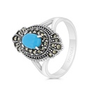 Sterling Silver 925 Ring Embedded With Natural Processed Turquoise And Marcasite Stones