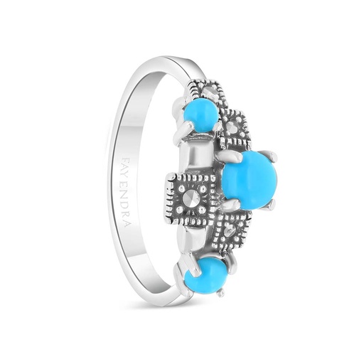 Sterling Silver 925 Ring Embedded With Natural Processed Turquoise And Marcasite Stones