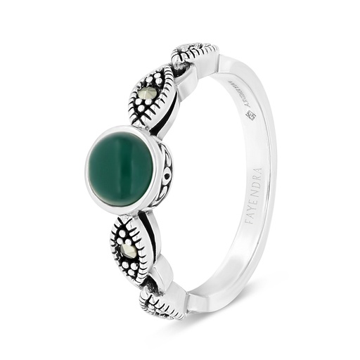 Sterling Silver 925 Ring Embedded With Natural Green Agate And Marcasite Stones